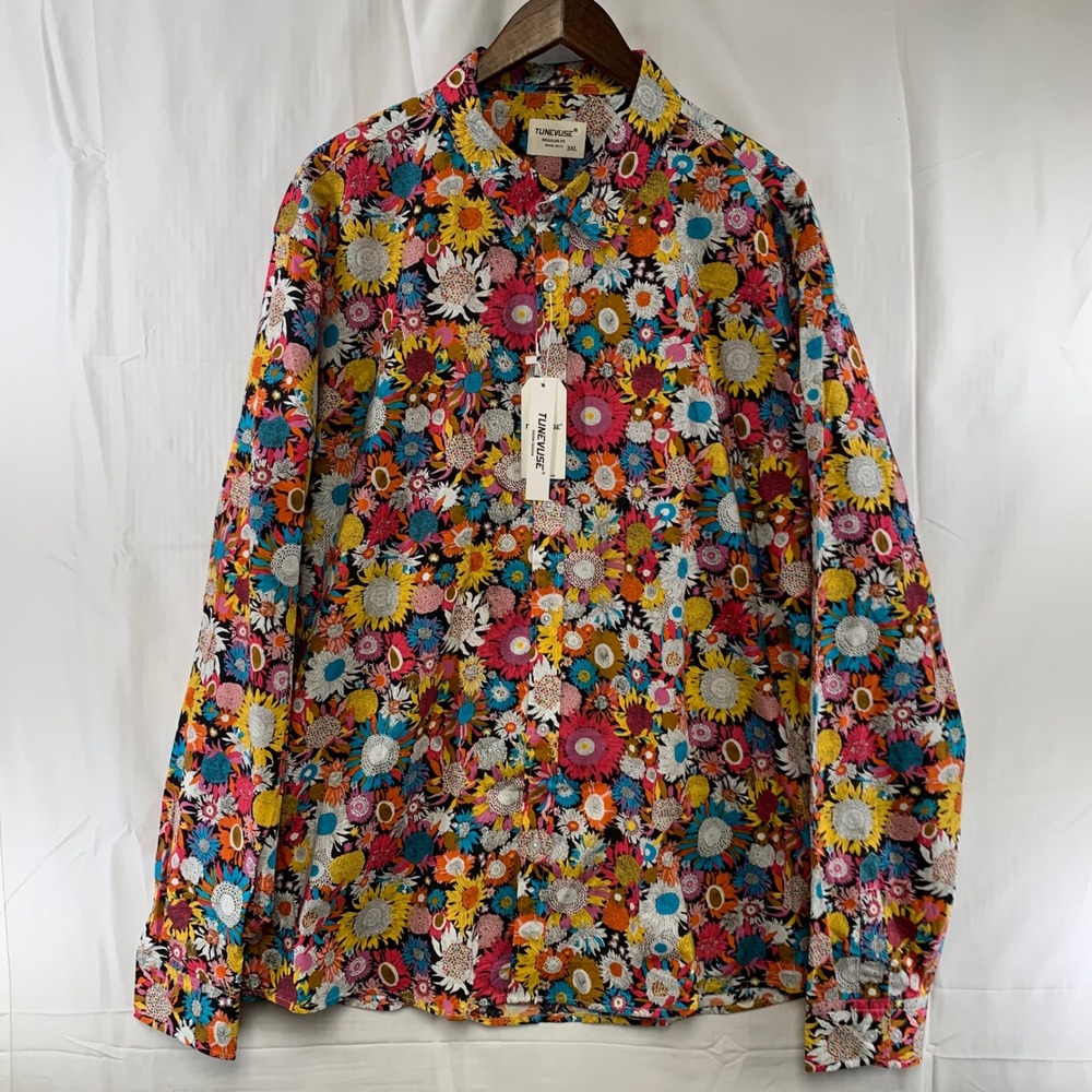 Tunevuse Button Up Shirt Mens 3XL Multicolor Floral Sunflower Long Sleeve NEW